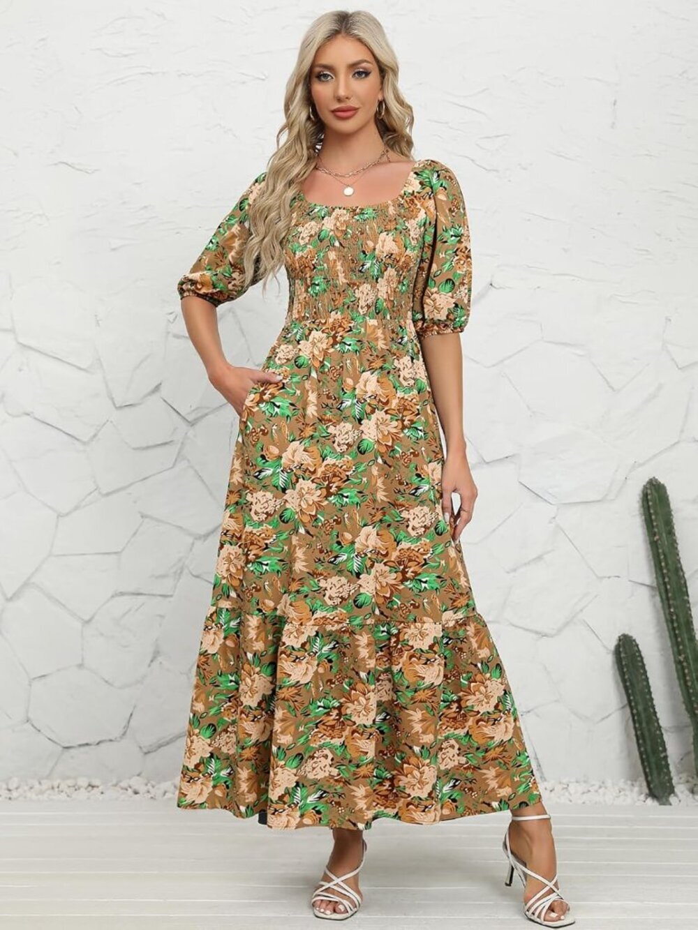 〽️Women's Khaki Puff Sleeve Square Neck Tiered Ruffle Ankle Length Maxi Dress